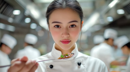 A woman in a chef uniform holding up spoon with food on it, AIの素材