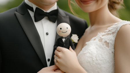 A man and woman in formal attire holding a small doll, AIの素材