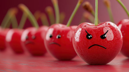 A row of red cherries with angry faces on them, AIの素材