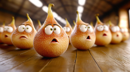 A group of pears with eyes and mouths on a wooden floor, AIの素材