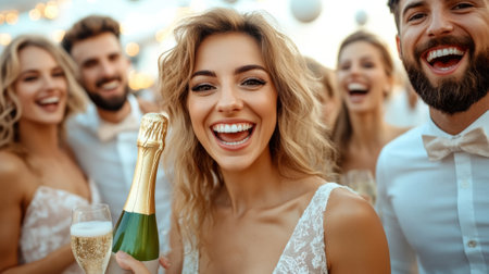 A group of people are smiling and holding champagne bottles, AIの素材