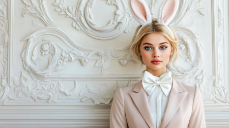 A woman in a suit with bunny ears and bow tie, AIの素材