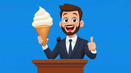 A cartoon man giving a speech with an ice cream cone in his hand, AIの素材