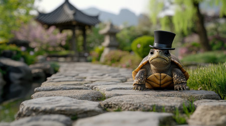A turtle with a top hat sitting on the stone walkway, AIの素材