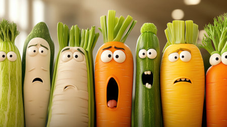 A row of vegetables with faces and eyes made out of carrots, AIの素材