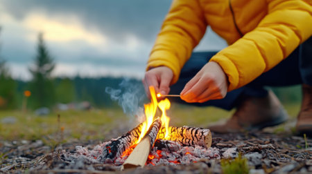 A person in yellow jacket is roasting marshmallows over a campfire, AIの素材