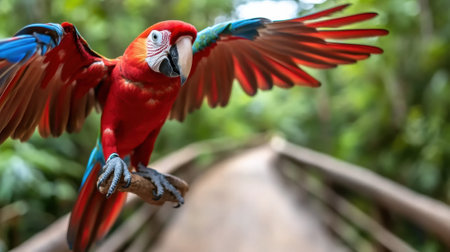 A colorful parrot flying over a wooden bridge with the sun behind it, AIの素材