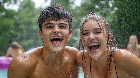 A couple of a man and woman are smiling while they have water sprayed on them, AIの素材