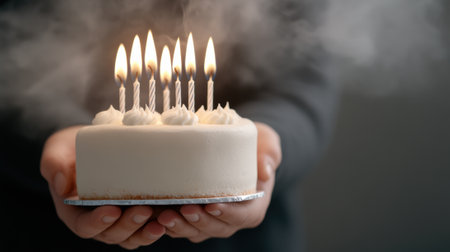 A person holding a cake with lit candles in their hands, AIの素材