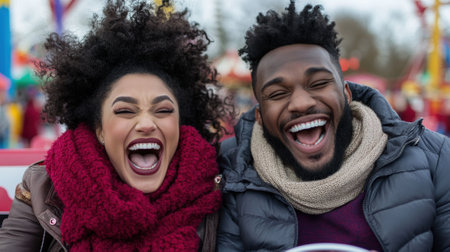 A man and woman laughing while sitting on a merry go round, AIの素材