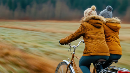 Two women riding a bike down the road in front of some trees, AIの素材