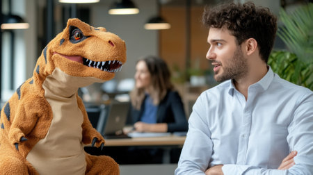 A man sitting in front of a stuffed t-rex toy, AIの素材