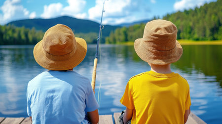 Two boys sitting on a dock fishing with their hats pulled down, AIの素材