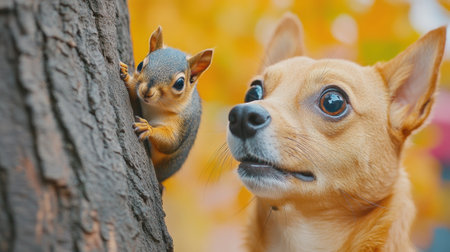A small squirrel peeking out from behind a tree next to the dog, AIの素材