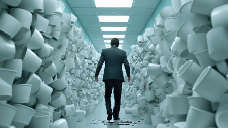 A man walking through a hallway of white cups and bowls, AIの素材