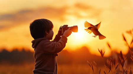 A young boy taking a picture of a bird with his camera, AIの素材