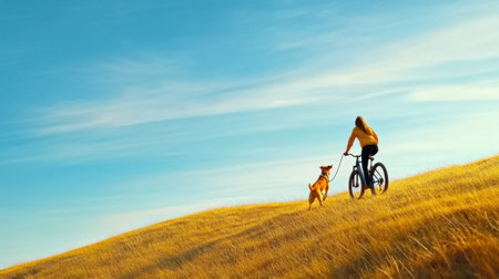 A woman on a bike with her dog walking up the hill, AIの素材