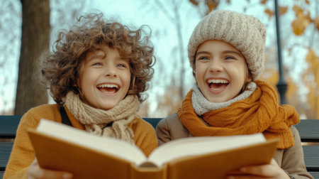 Two children are smiling while reading a book on the bench, AIの素材
