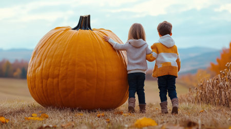 Two children are standing next to a large pumpkin, AIの素材