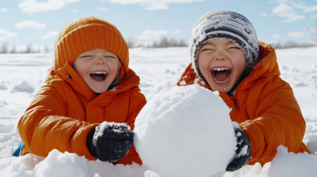 Two children are playing in the snow with a ball, AIの素材