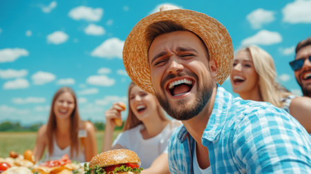 A man with a hat and hamburger sitting on the grass, AIの素材