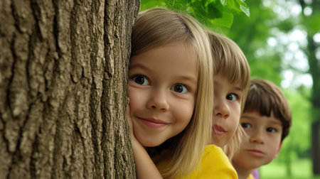 Three children are peeking out from behind a tree in the park, AIの素材