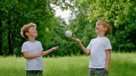 Two boys are playing with a ball in the grass, AIの素材