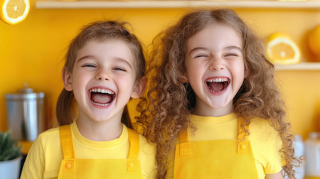 Two young girls in yellow aprons standing next to each other, AIの素材