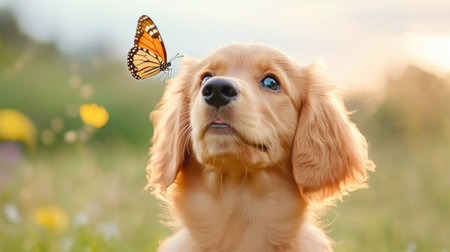 A dog looking up at a butterfly in the sky, AIの素材