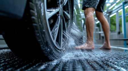 A person standing in front of a car washing machine, AIの素材