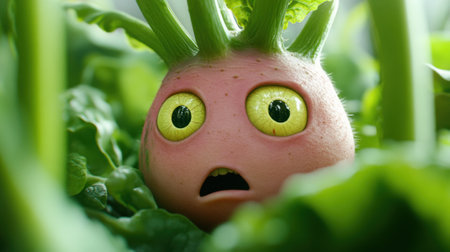 A close up of a pink vegetable with eyes and green leaves, AIの素材