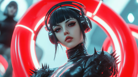 A woman with headphones and a red ring around her head, AIの素材