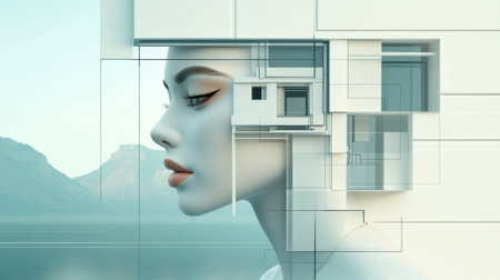 A woman with a white face and blue eyes in front of mountains, AIの素材