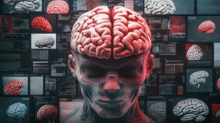 A mans head with many different brain images on it, AIの素材