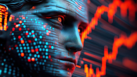 A close up of a mans face with glowing lights around it, AIの素材