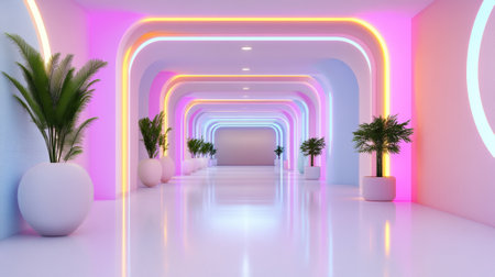 A hallway with a lot of plants and neon lights, AIの素材