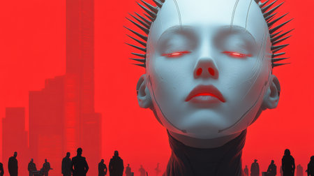 A group of people are standing in front of a white head with spikes, AIの素材