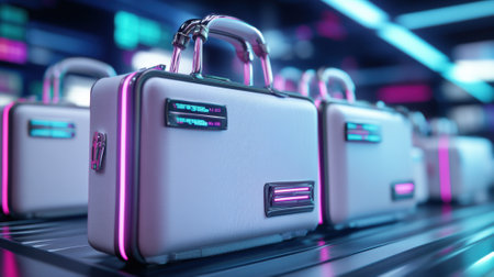 A row of white suitcases with neon lights on them, AIの素材