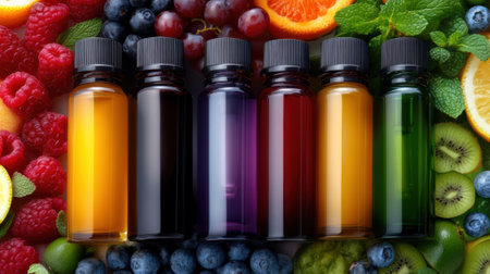 A group of bottles with different colored liquids next to fruit, AIの素材