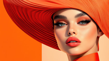 A woman with a large orange hat and bright makeup, AIの素材