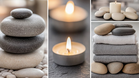 A series of pictures showing a candle, rocks and towels, AIの素材