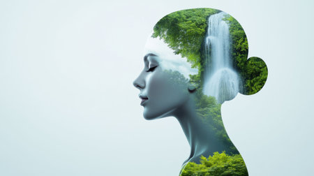 A woman with a waterfall in the background and trees, AIの素材