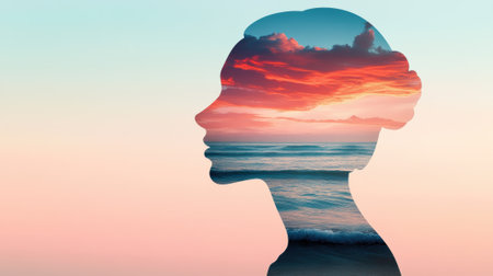 A womans face with a sunset in the background and clouds, AIの素材