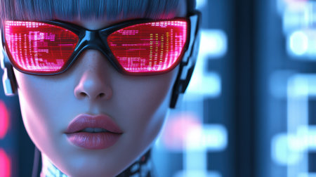 A woman with red glasses and a futuristic look on her face, AIの素材