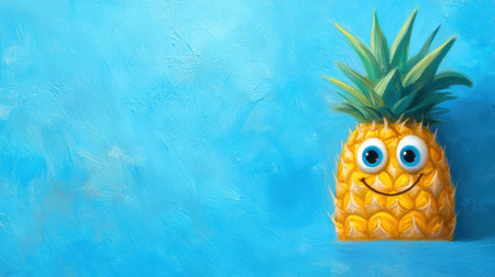 A pineapple with eyes painted on it is sitting in front of a blue background, AIの素材