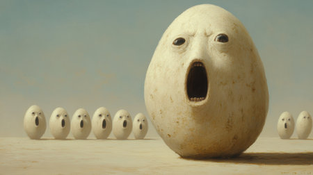 A group of eggs with their mouths open and eyes wide, AIの素材