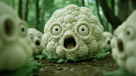 A group of vegetables with eyes and mouths made out of cauliflower, AIの素材
