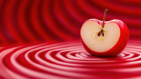 A red apple with a slice cut out of it on top of swirling water, AIの素材