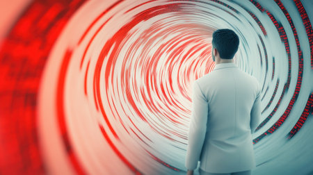 A man in a white suit looking into the center of an abstract tunnel, AIの素材