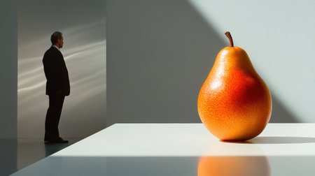 A pear on a table in front of man standing behind it, AIの素材
